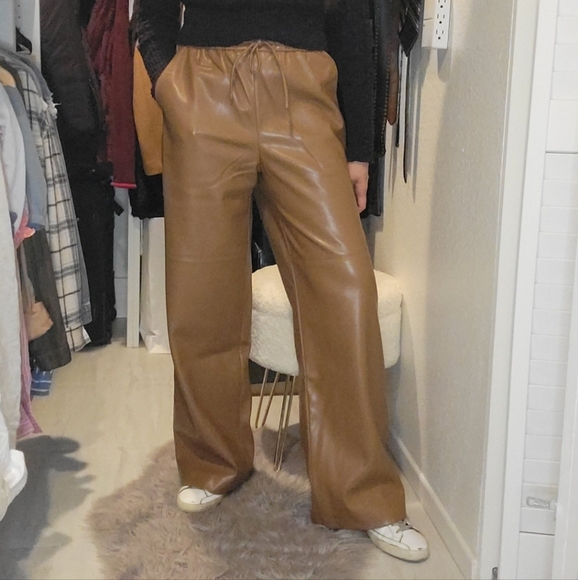 Mayson the Label Vegan Leather Relaxed Drawstring Pants in Mushroom M - Picture 2 of 12